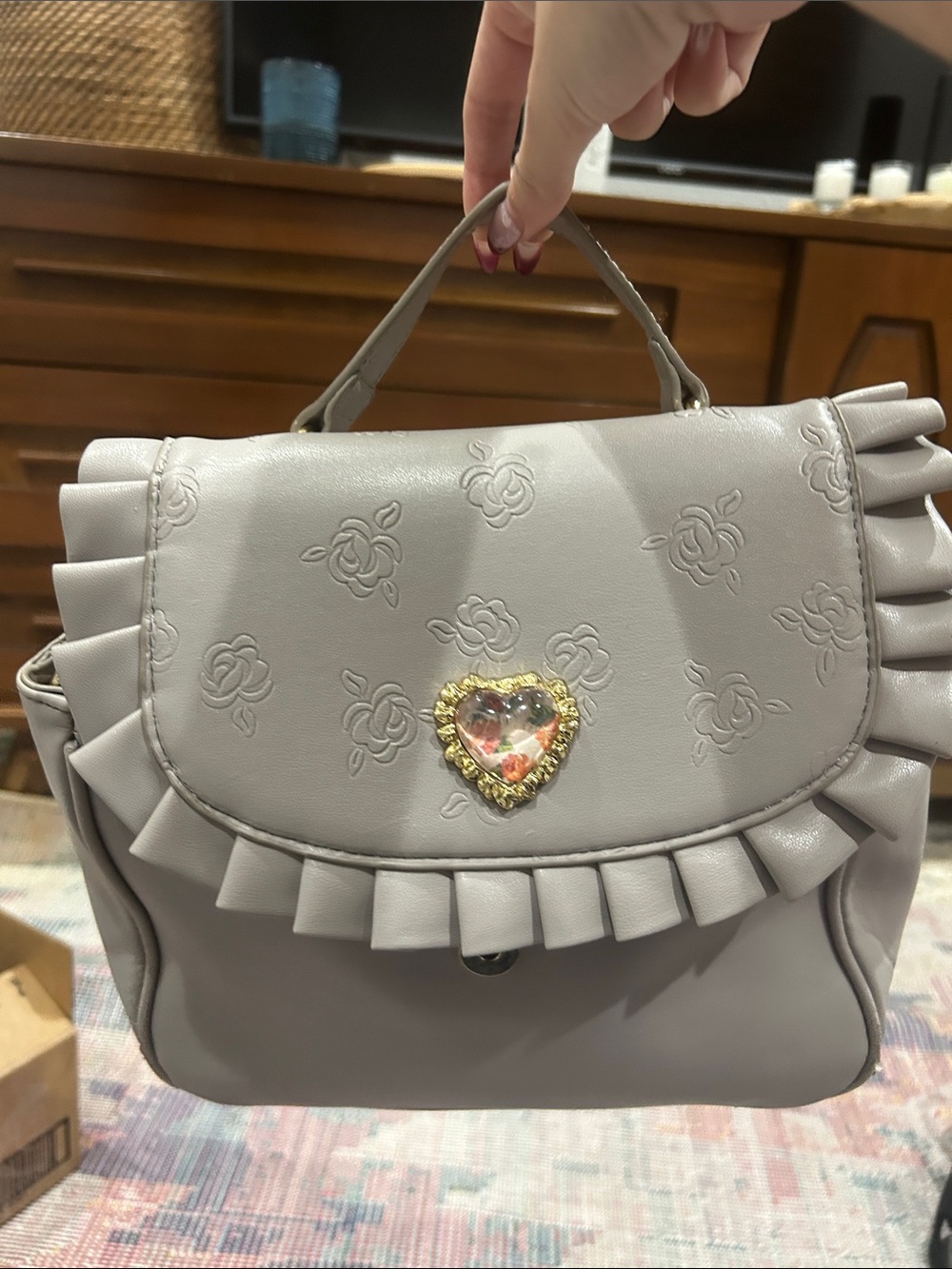 Women's Gray Heart-Accent Ruffle Top-Handle Bag